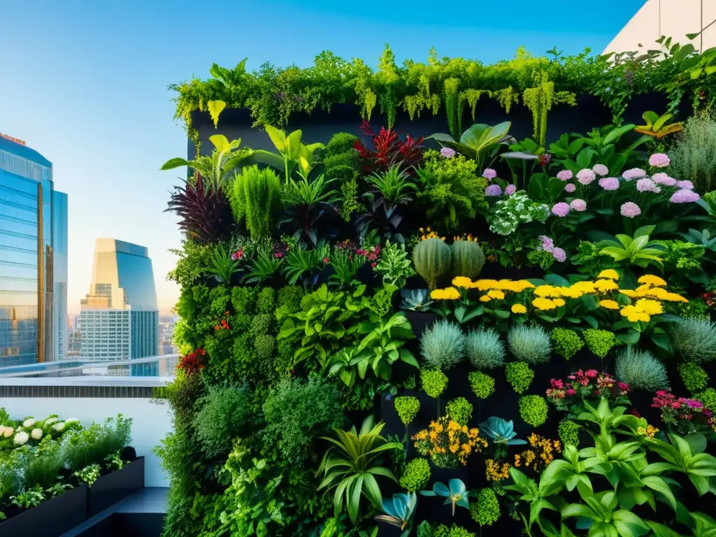 Un jardín vertical urbano vibrante y próspero con beneficios huertos verticales urbanos integrados en la arquitectura moderna de la ciudad