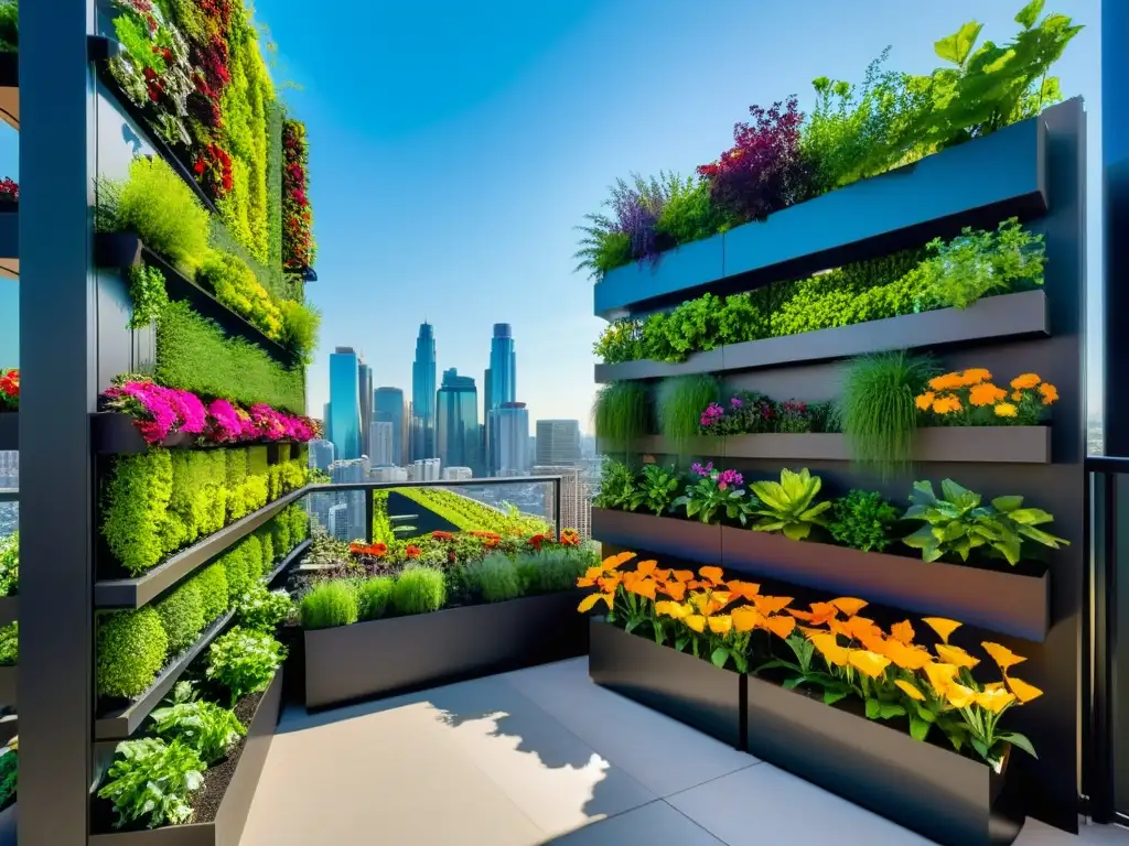 Un jardín vertical urbano, vibrante y sostenible, contrasta con la ciudad