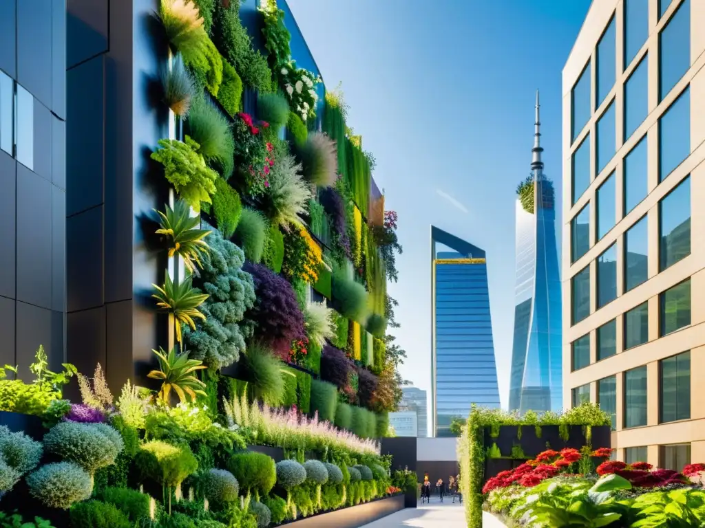 Un jardín vertical urbano con vibrante vegetación