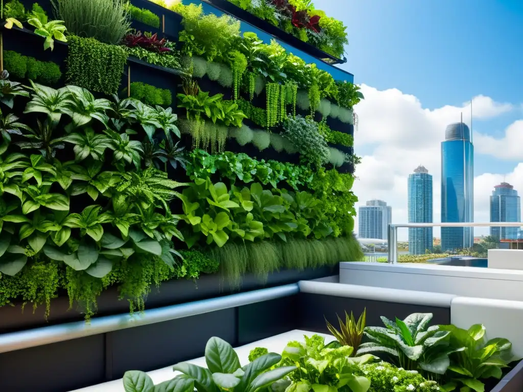 Un jardín vertical de vanguardia con técnicas huertos verticales energía renovable, exuberante y moderno en entorno urbano