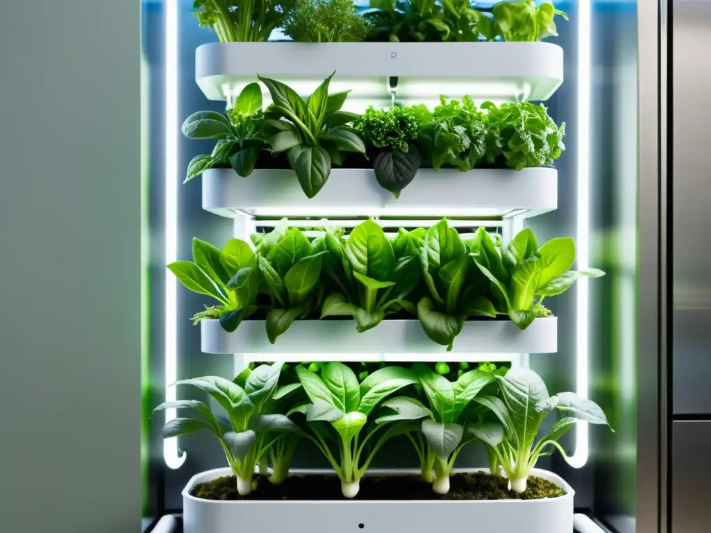 Un jardín hidropónico vertical con verduras vibrantes y un sistema de riego sofisticado, transmitiendo innovación y eficiencia