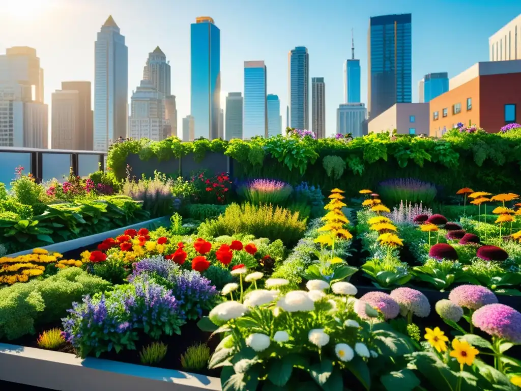 Un jardín vertical vibrante y biodiverso en el corazón de la ciudad, con flores coloridas y plantas prósperas, bajo la luz del sol