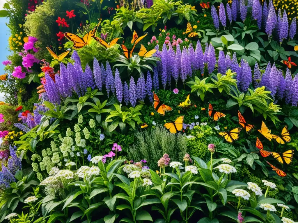 Un jardín vertical vibrante y bullicioso, lleno de flores en flor y polinizadores como abejas, mariposas y colibríes