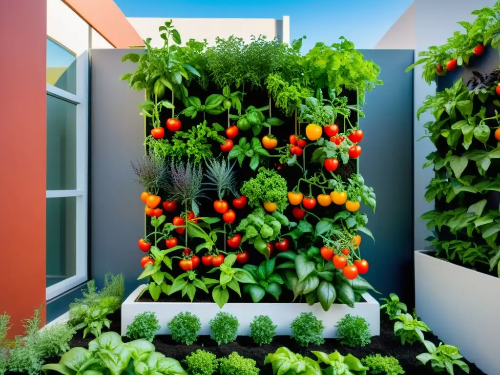 Un jardín vertical vibrante en la ciudad cultivando hortalizas