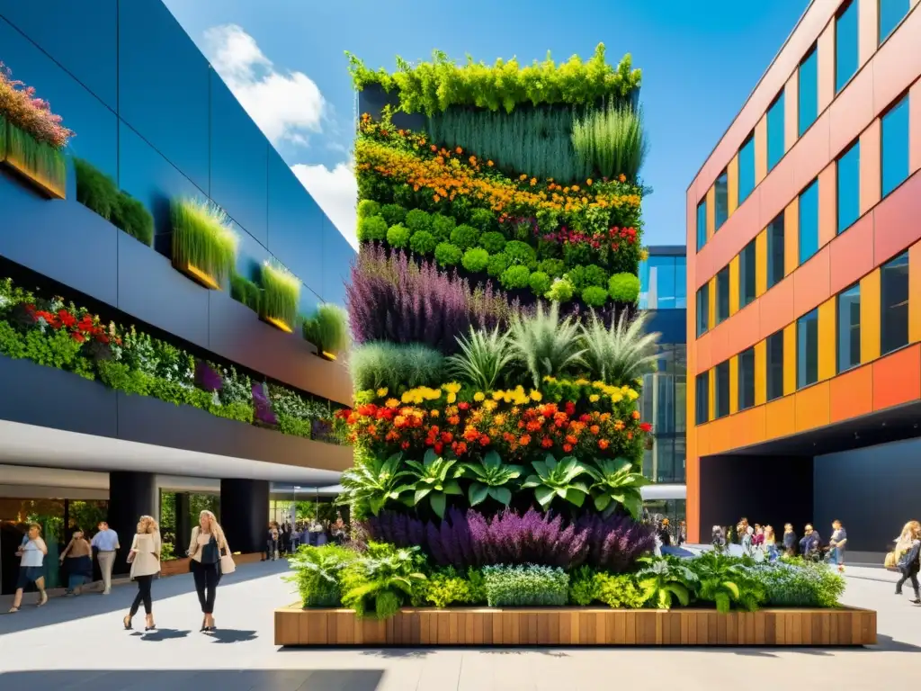 Jardín vertical vibrante en la ciudad, integrando naturaleza y vida urbana