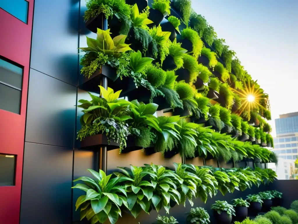 Un jardín vertical vibrante en la ciudad con plantas exuberantes formando un patrón geométrico