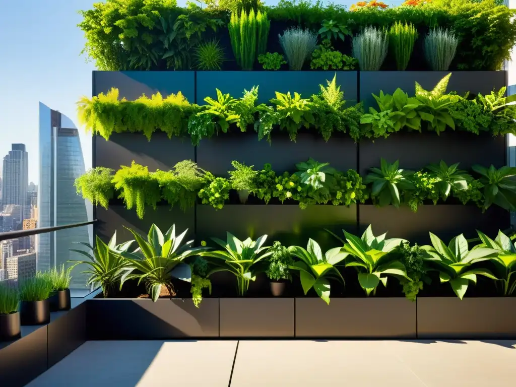 Un jardín vertical vibrante en la ciudad, con plantas exuberantes en modernos maceteros