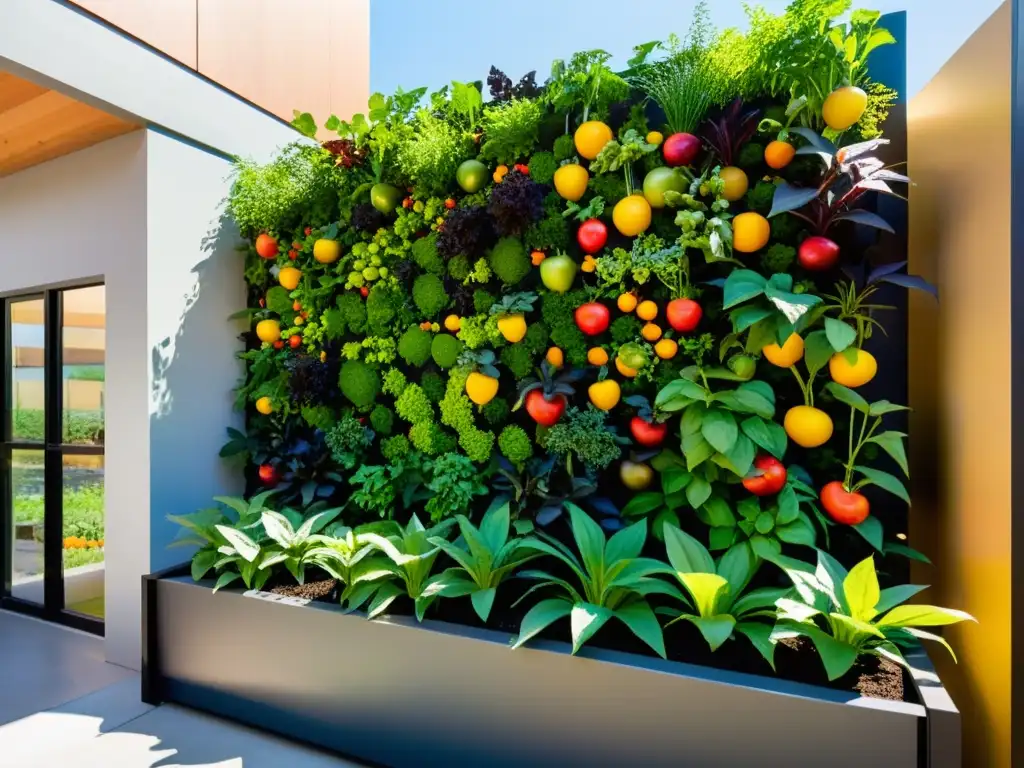 Un jardín vertical vibrante y detallado en una escuela urbana, con frutas, verduras y estudiantes entusiastas