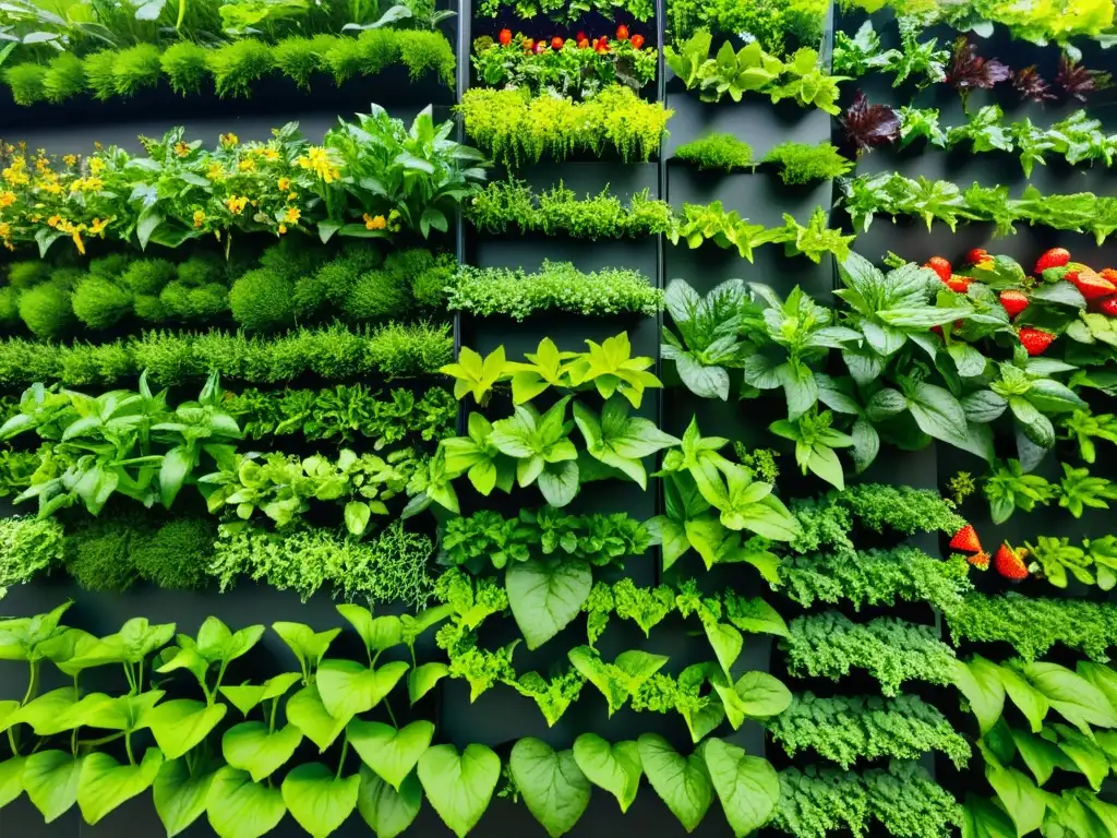 Un jardín vertical vibrante y detallado, con plantas saludables y una estética moderna