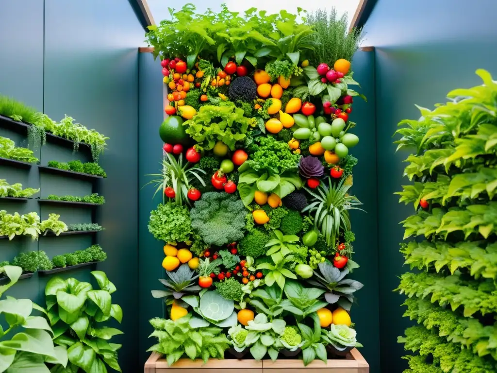 Un jardín vertical vibrante y diverso, con frutas, verduras y hierbas en un patrón llamativo, aumenta la biodiversidad del huerto vertical