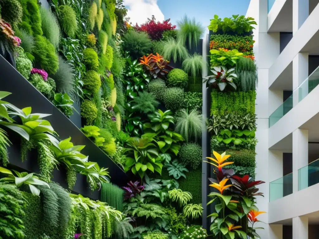 Jardín vertical 8K: belleza natural en arquitectura moderna Un jardín vertical vibrante y eficiente contra arquitectura contemporánea