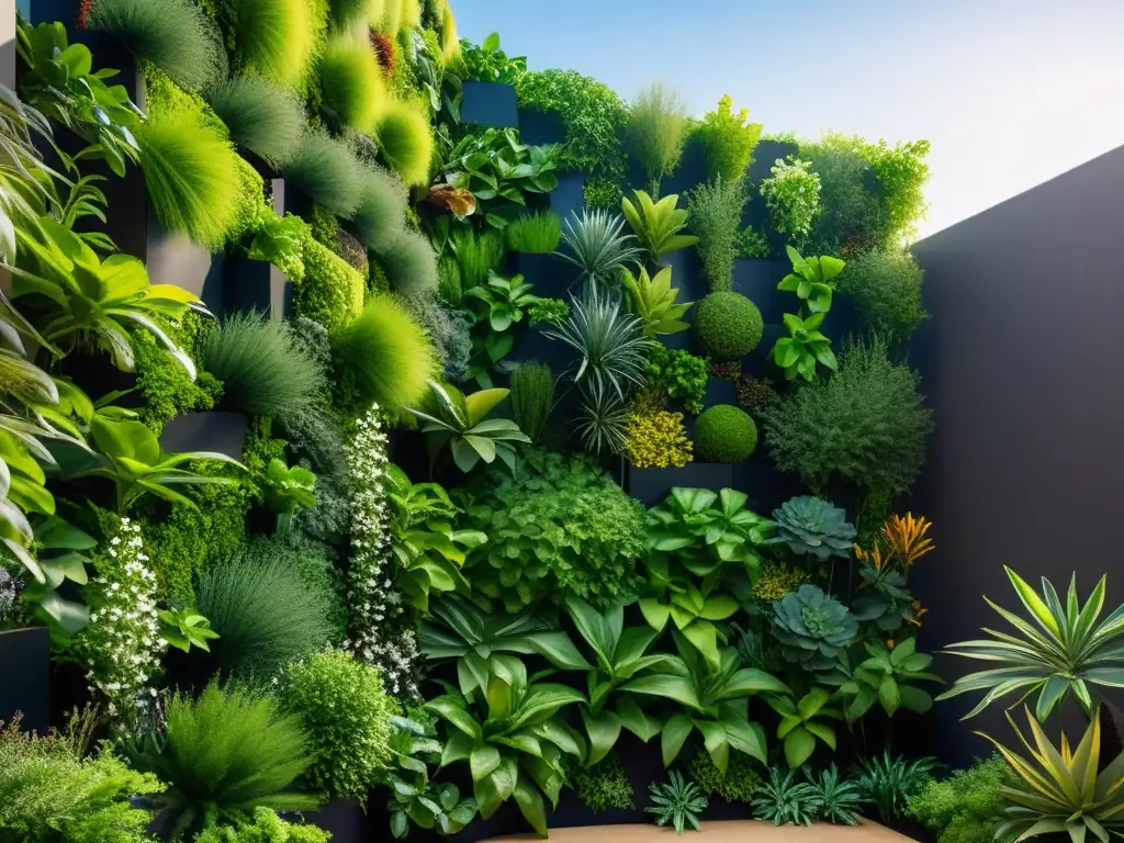 Un jardín vertical vibrante en un entorno urbano árido, muestra cultivo en huertos verticales zonas áridas con plantas resistentes a la sequía