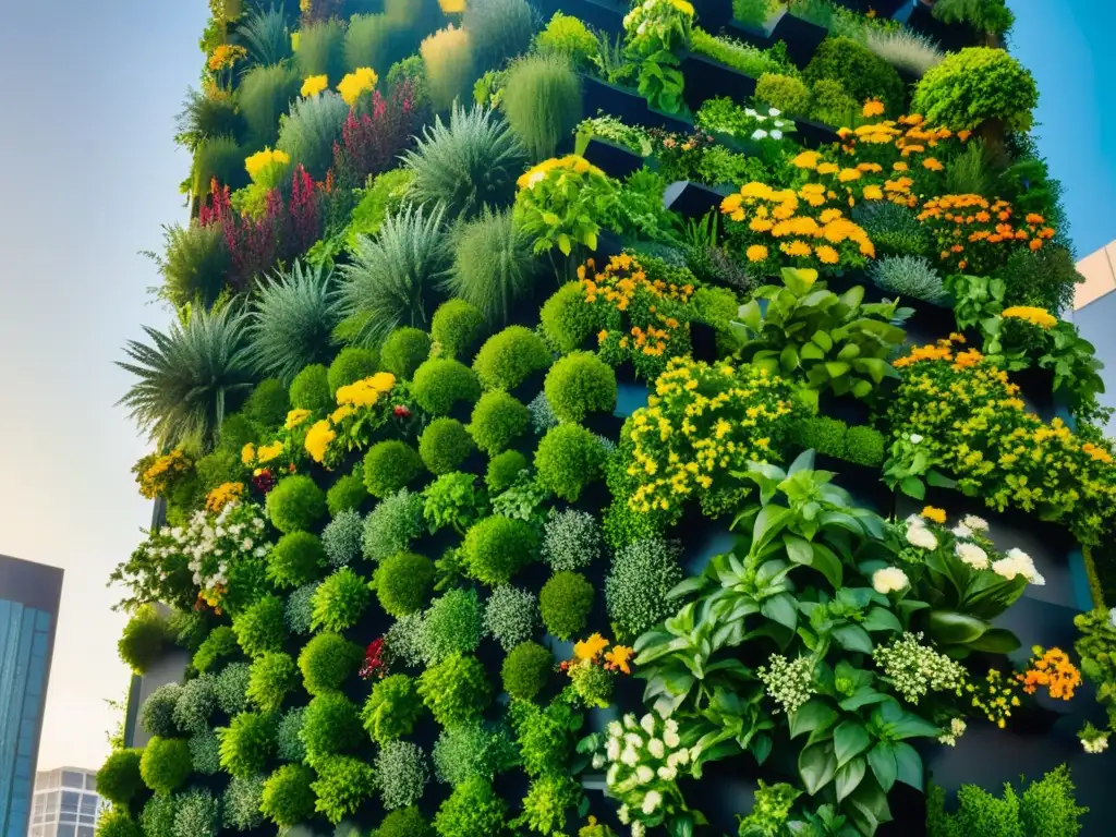 Un jardín vertical vibrante en un entorno urbano, mostrando la belleza de la agricultura urbana colaborativa huertos verticales