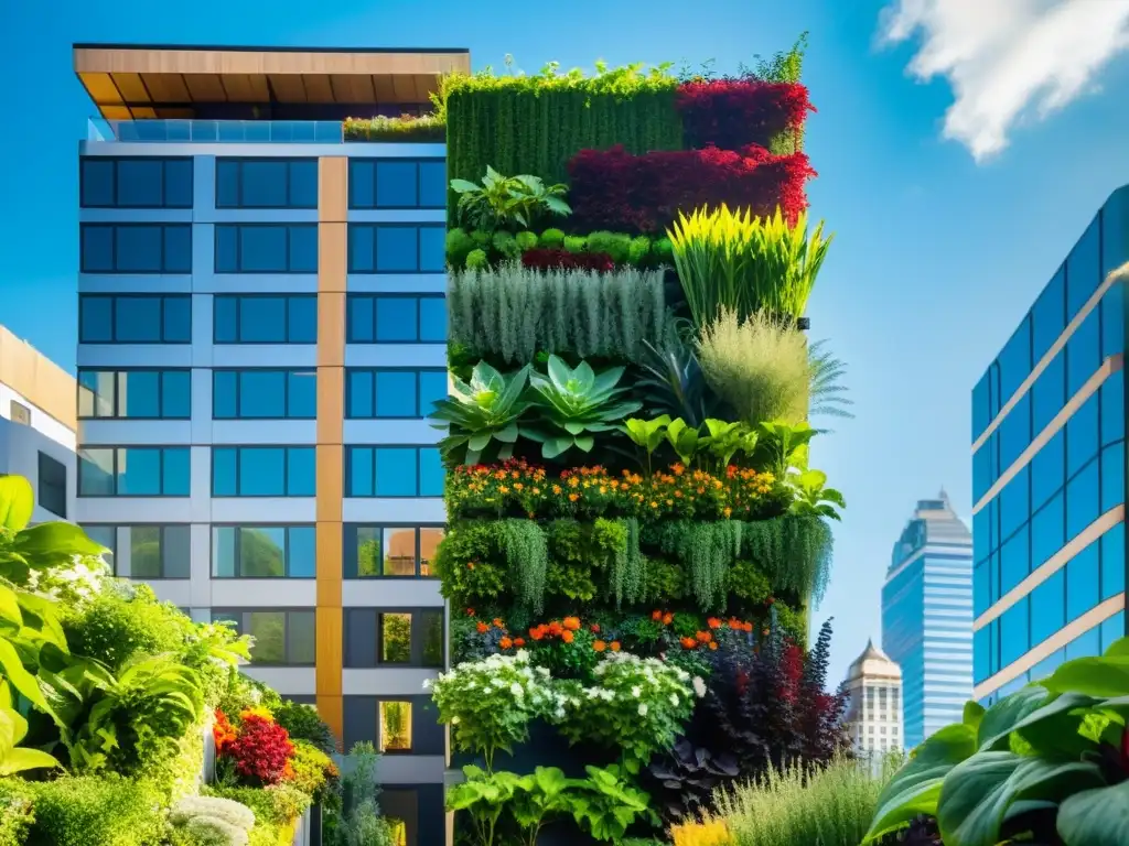 Un jardín vertical vibrante y exuberante en contraste con la moderna arquitectura de la ciudad