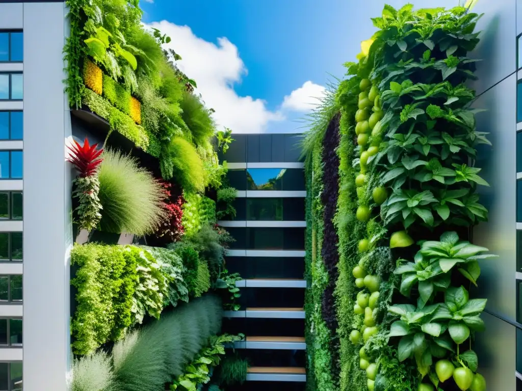 Un jardín vertical vibrante y exuberante en un edificio urbano moderno, con frutas, verduras y hierbas en un diseño de permacultura