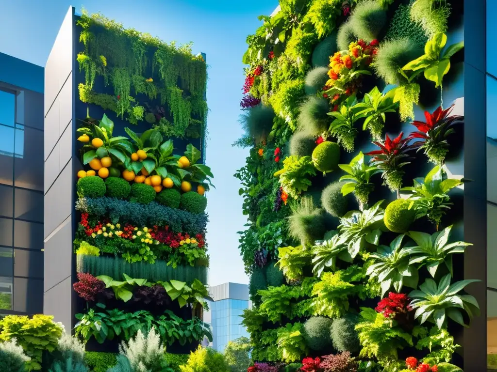 Un jardín vertical vibrante y exuberante en un edificio urbano moderno, mostrando el impacto positivo de los huertos verticales en la ciudad