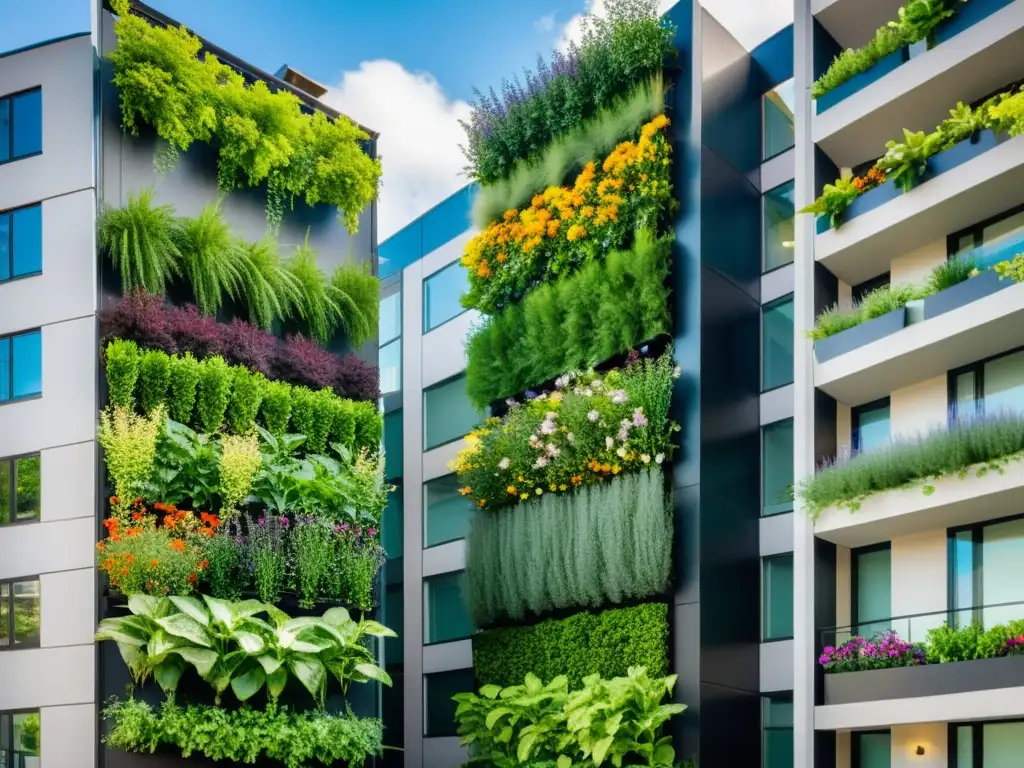 Jardín vertical vibrante y exuberante en un edificio urbano, muestra la armonía entre la vida urbana y la permacultura en huertos urbanos verticales