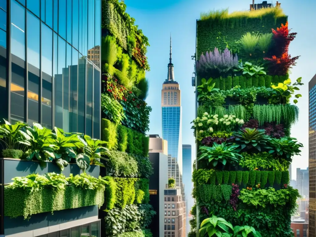 Jardín vertical en New York: innovación y sostenibilidad Un jardín vertical vibrante y exuberante en Nueva York, mostrando la integración de huertos verticales en la vida cotidiana de la ciudad