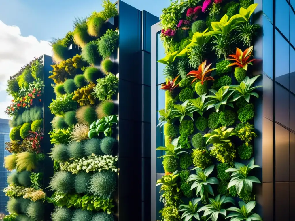 Un jardín vertical vibrante y exuberante, con personas cuidándolo, en un paisaje urbano moderno