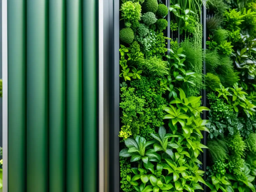 Un jardín vertical vibrante y exuberante con un sistema de riego intrincado