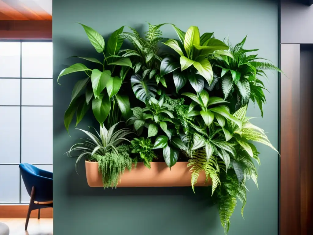 Un jardín vertical vibrante y exuberante con una variedad de plantas verdes, como helechos, plantas araña y pothos, creando un punto focal ecológico y visualmente impactante en el espacio