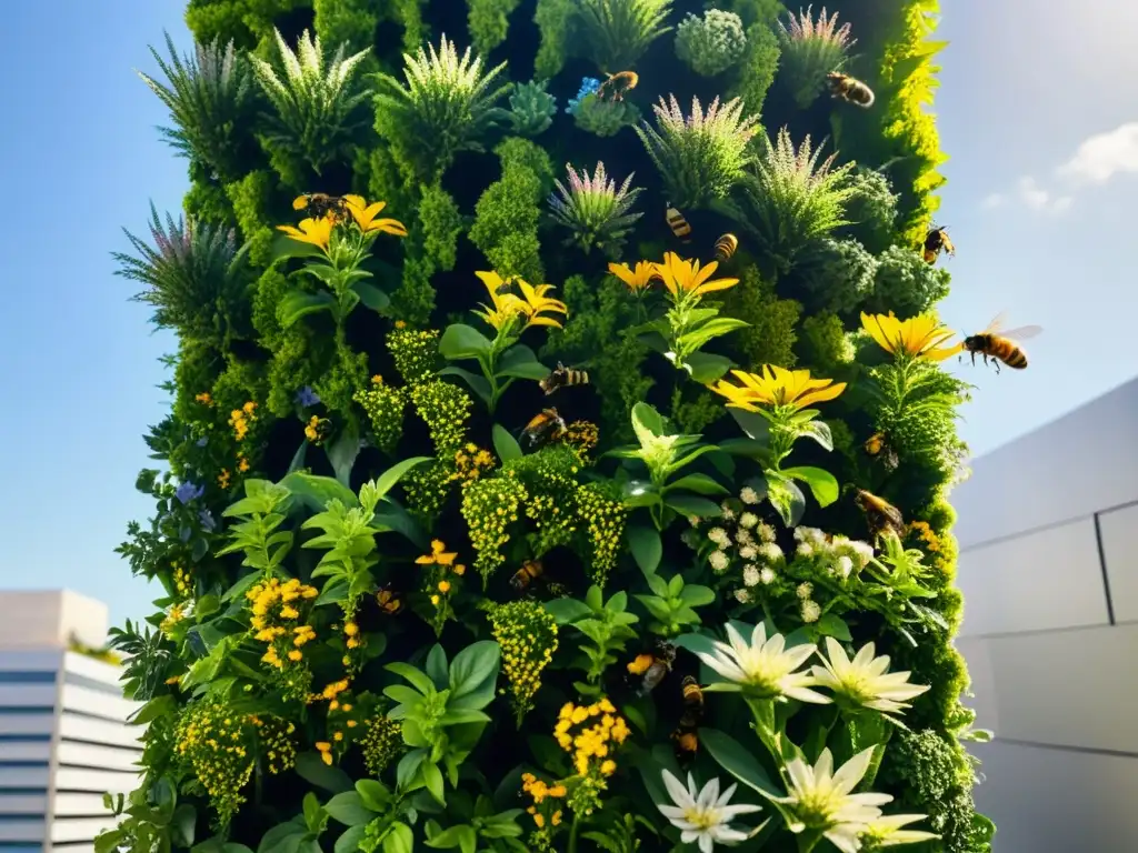 Un jardín vertical vibrante con flores y abejas, se funde con la arquitectura urbana