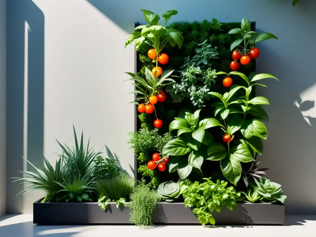 Un jardín vertical vibrante con hierbas y vegetales orgánicos como albahaca, romero y tomates cherry, maridando alimentos huertos verticales