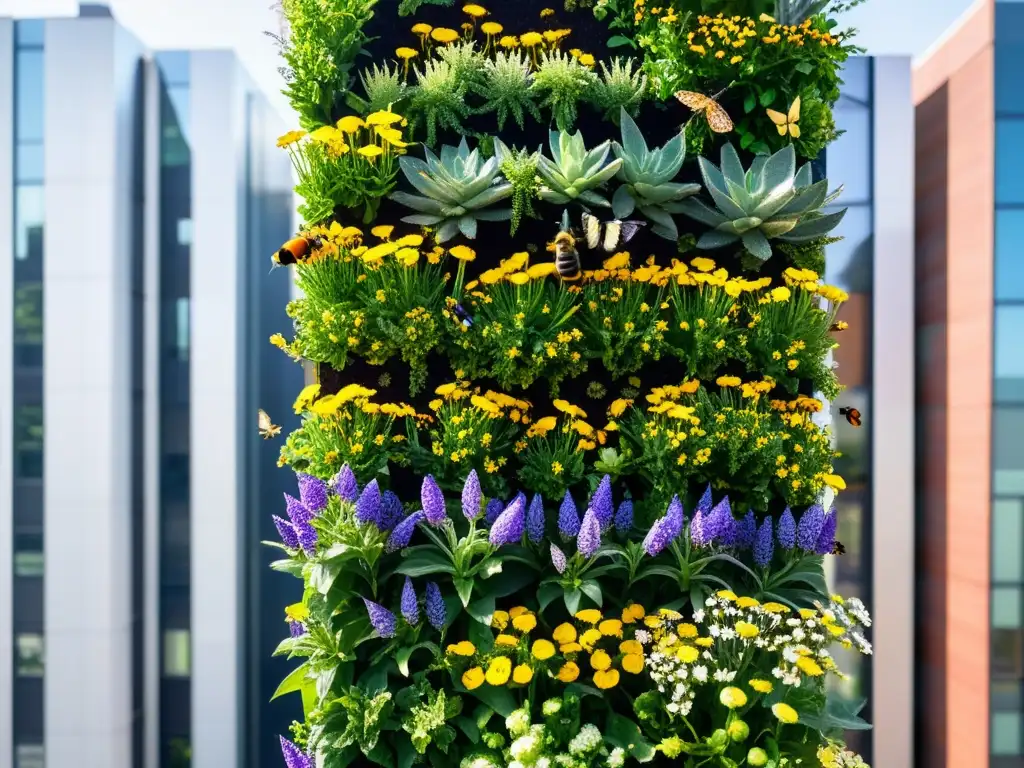 Un jardín vertical vibrante lleno de flores y polinizadores vitales, como abejas, mariposas y colibríes, en armonía con la naturaleza urbana