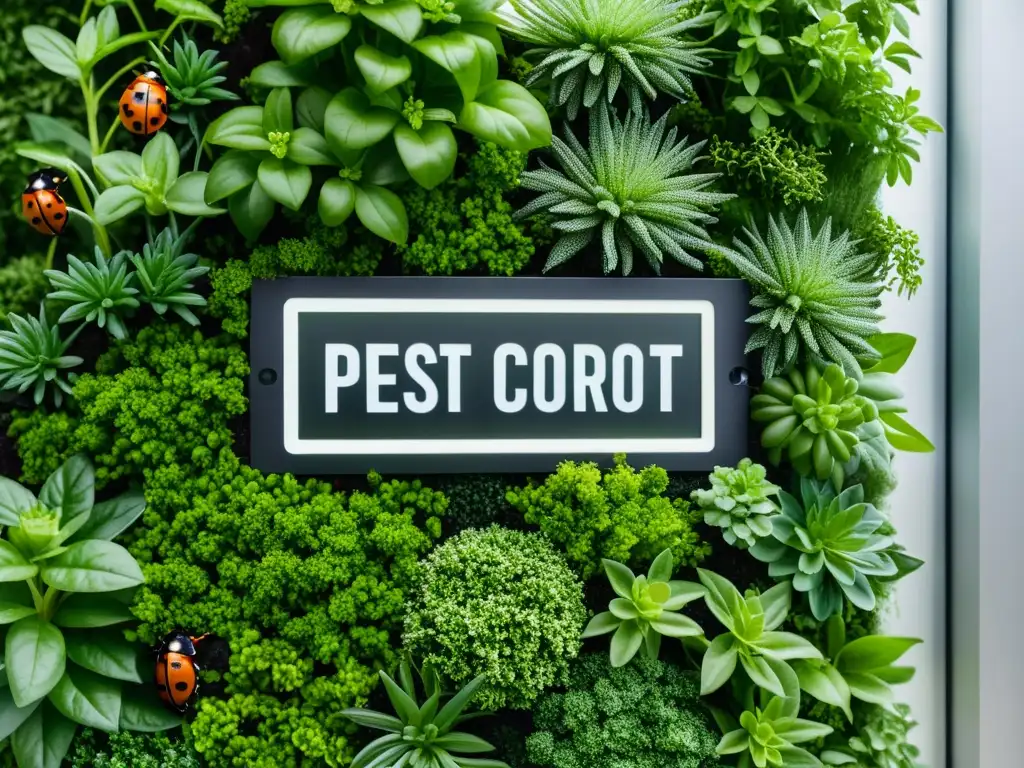 Jardín vertical 8k con control de plagas Un jardín vertical vibrante con métodos naturales para combatir plagas comunes en huertos verticales