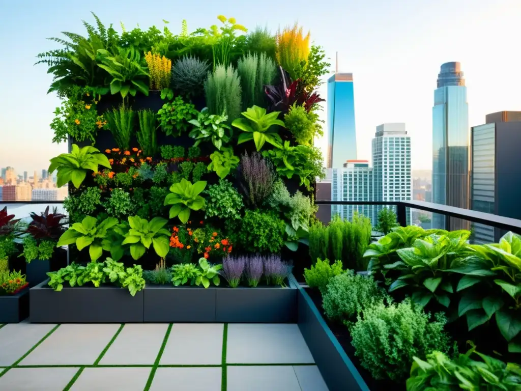 Un jardín vertical vibrante y moderno en una azotea, fusionando arquitectura urbana con agricultura sostenible