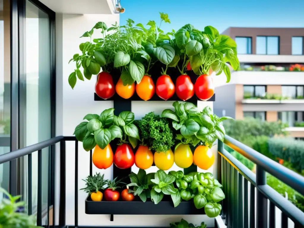 Un jardín vertical vibrante y moderno en un balcón soleado de apartamento, muestra hierbas, vegetales y frutas