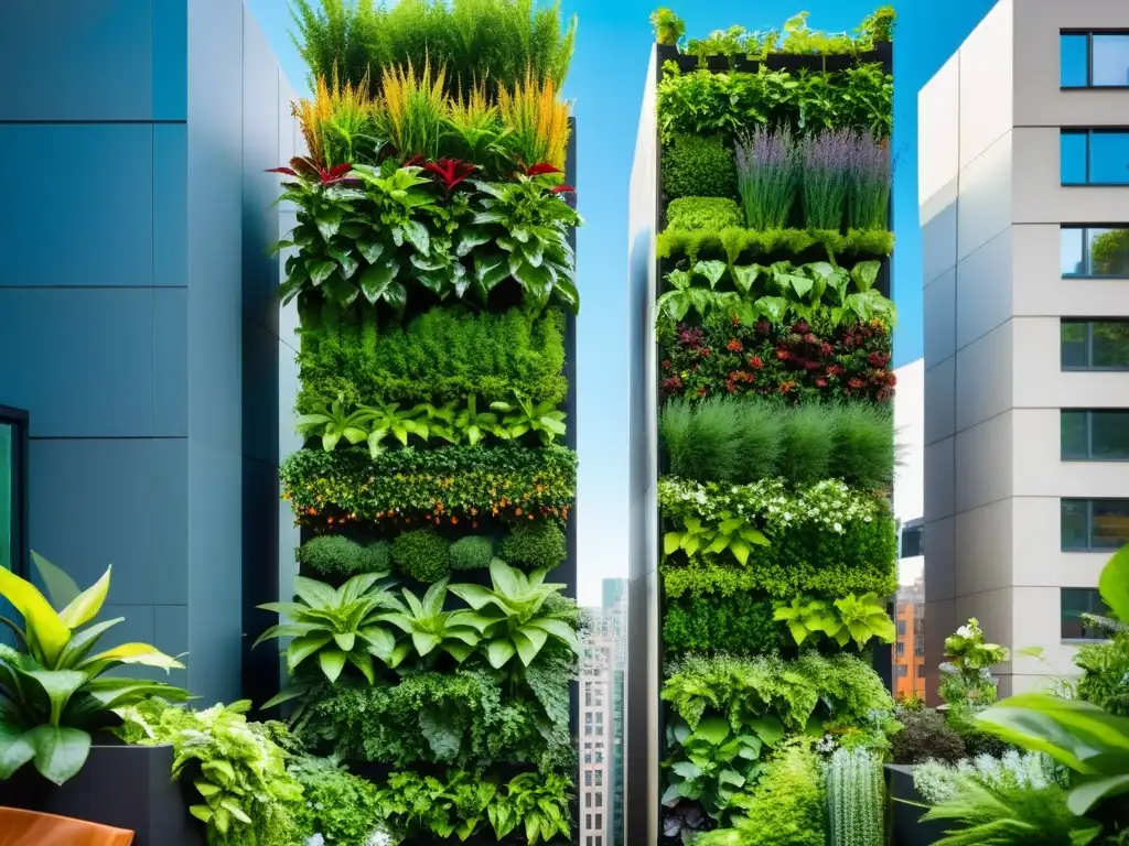 Un jardín vertical vibrante y moderno en una bulliciosa ciudad, con una variedad diversa de exuberantes plantas y verduras