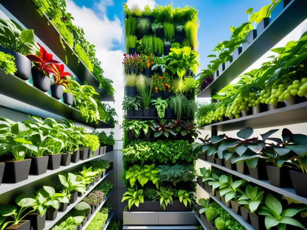 Un jardín vertical vibrante y moderno en el corazón de la ciudad, con cultivo vertical de variedades nutritivas en armonía con el diseño urbano