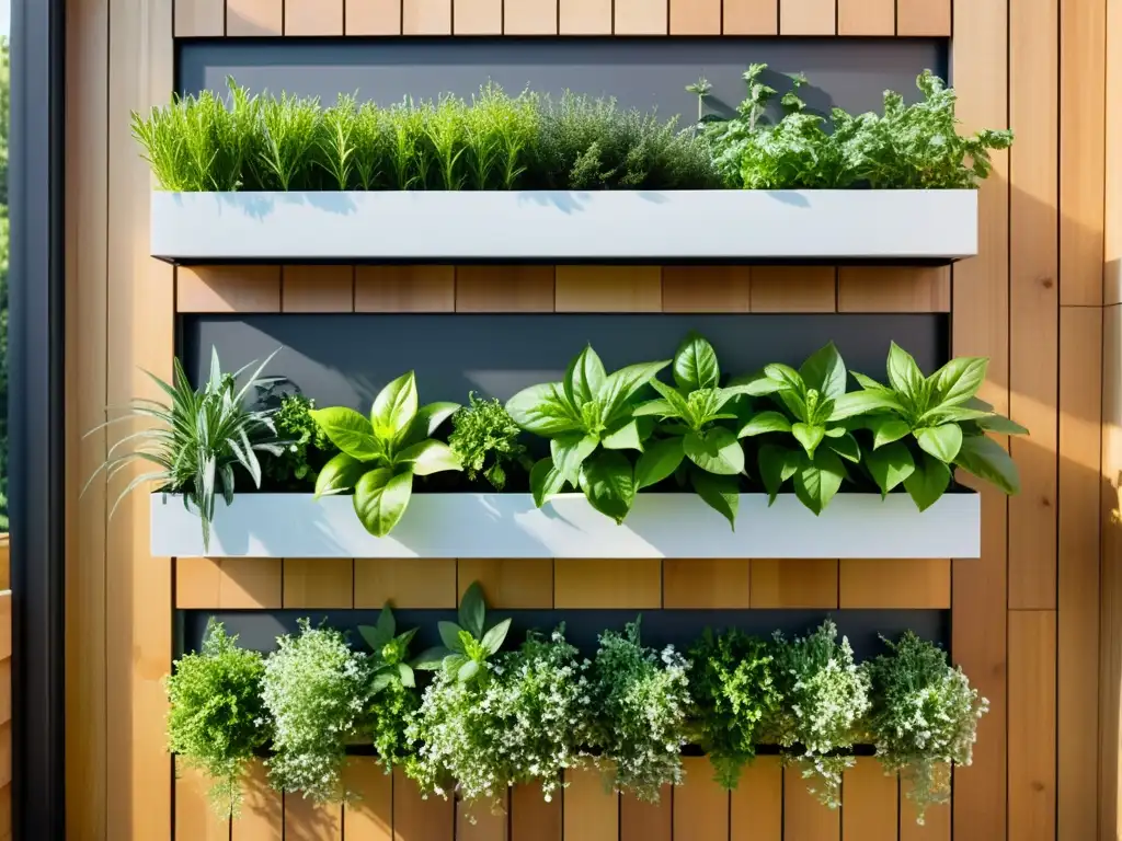 Un jardín vertical vibrante y moderno con cultivo de hierbas aromáticas en huertos verticales