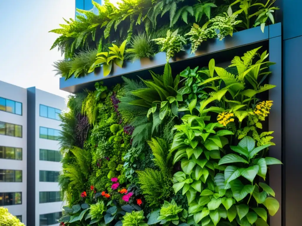 Un jardín vertical vibrante y moderno en un edificio urbano elegante, mostrando una diversidad de plantas exuberantes y coloridas