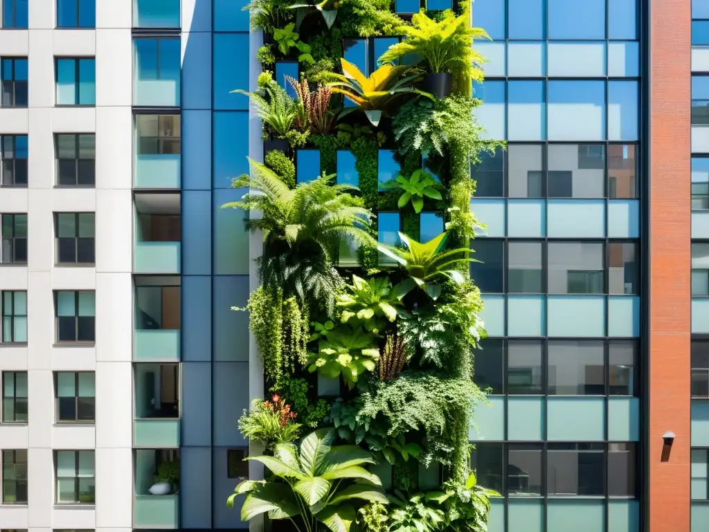 Jardín vertical exuberante en Nueva York Un jardín vertical vibrante y moderno en un edificio de Nueva York