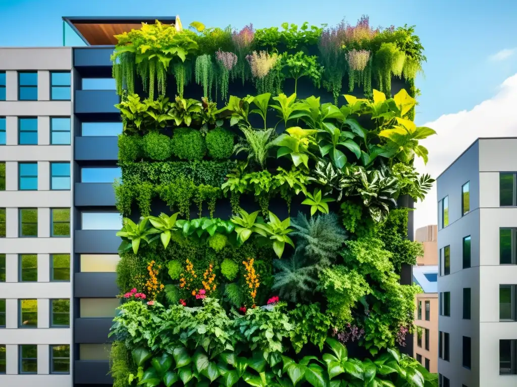 Un jardín vertical vibrante y moderno adorna un edificio urbano con ideas creativas de huertos verticales urbanos