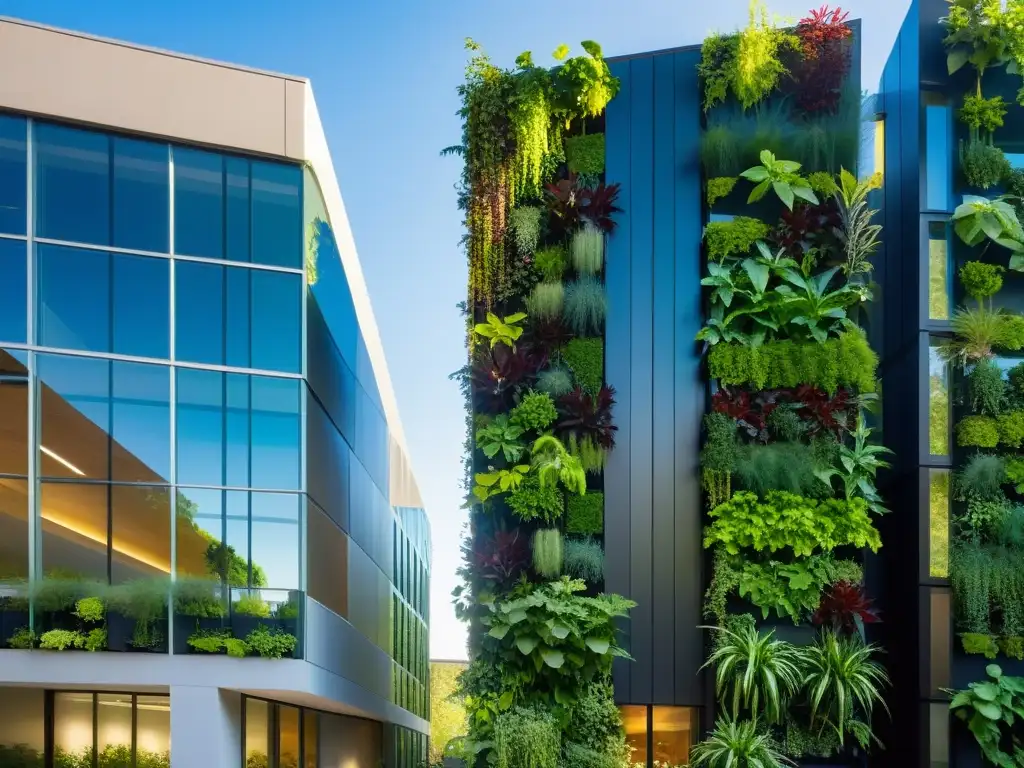 Un jardín vertical vibrante y moderno en un edificio educativo, con cultivo vertical en espacios educativos y una sinfonía de belleza natural