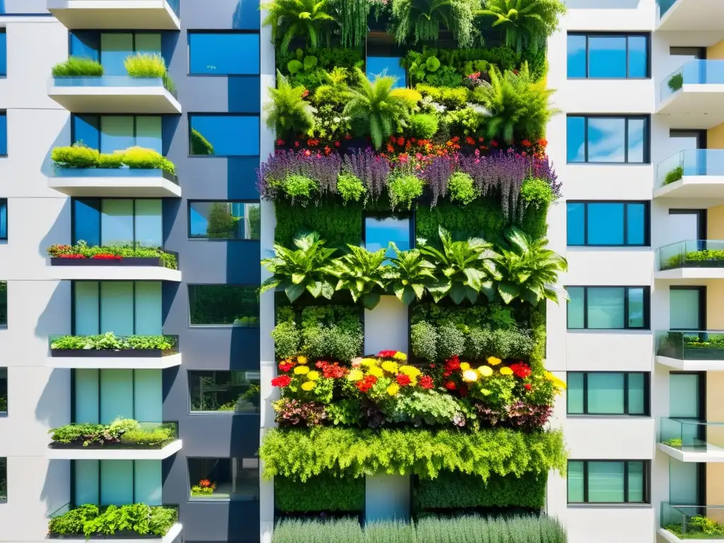 Un jardín vertical vibrante y moderno en un edificio de la ciudad, mostrando la belleza de huertos verticales para agricultura urbana en un entorno urbano