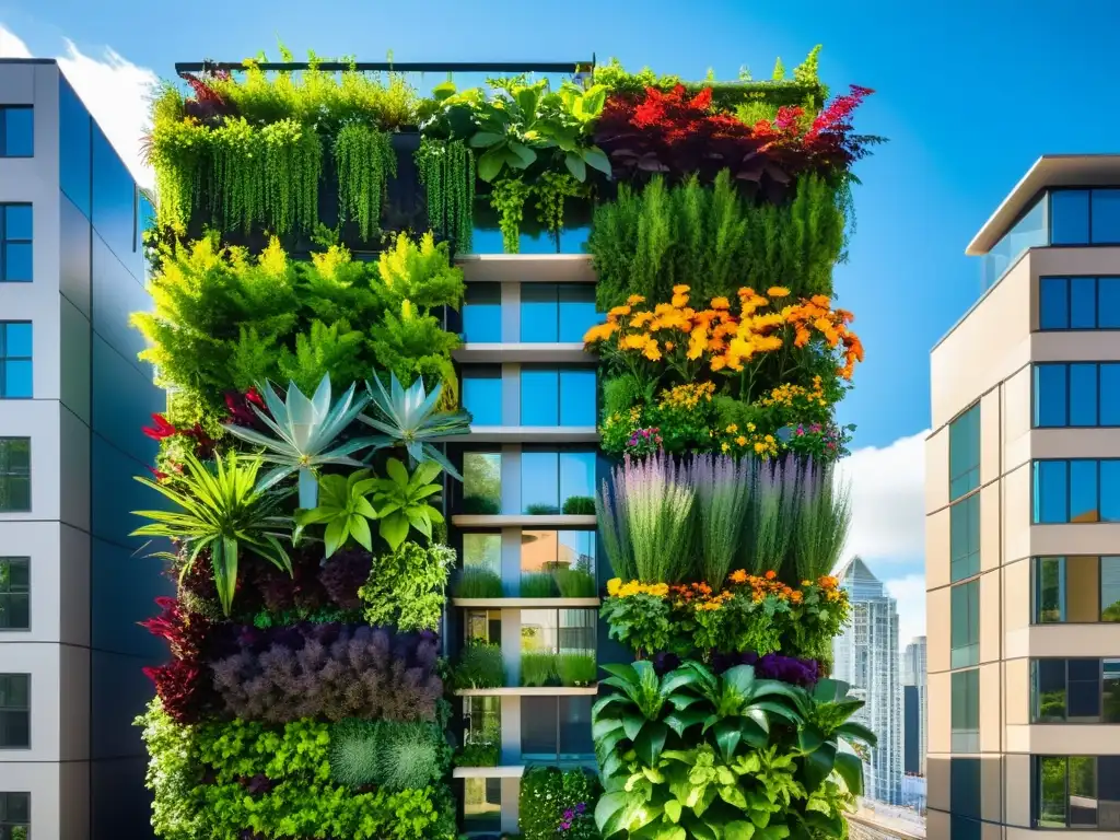 Un jardín vertical vibrante y moderno embellece un edificio urbano, mostrando la belleza de la agricultura urbana sostenible