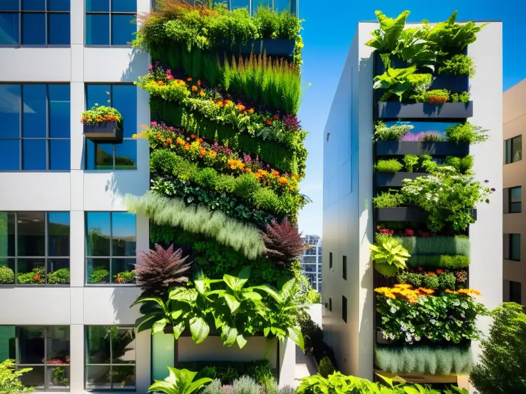 Un jardín vertical vibrante y moderno en un edificio urbano, rebosante de plantas verdes y flores coloridas