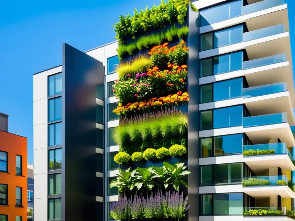 Un jardín vertical vibrante y moderno en un edificio urbano, con plantas exuberantes y flores coloridas