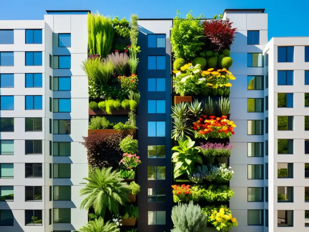 Un jardín vertical vibrante y moderno en un edificio de la ciudad, cuidado por una comunidad diversa, creando un oasis verde