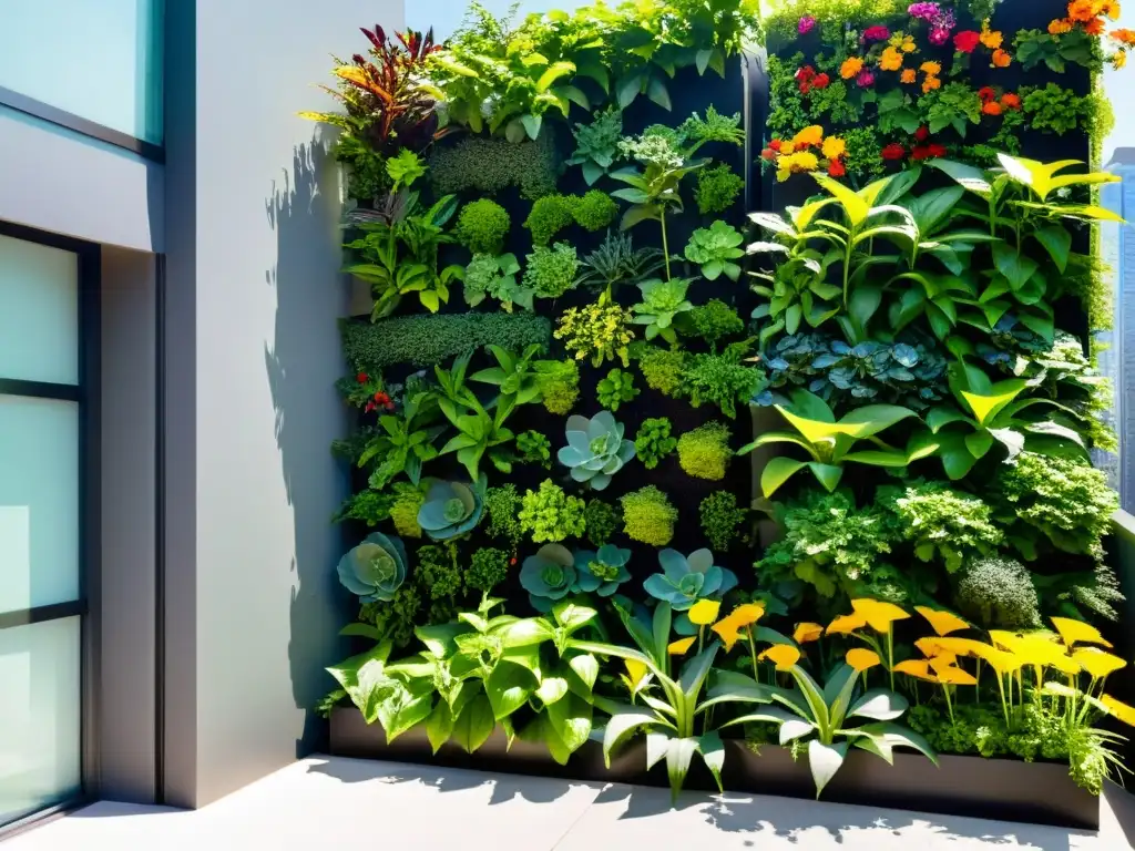 Un jardín vertical vibrante y moderno, muestra la eficiencia y belleza de la permacultura en huertos urbanos verticales