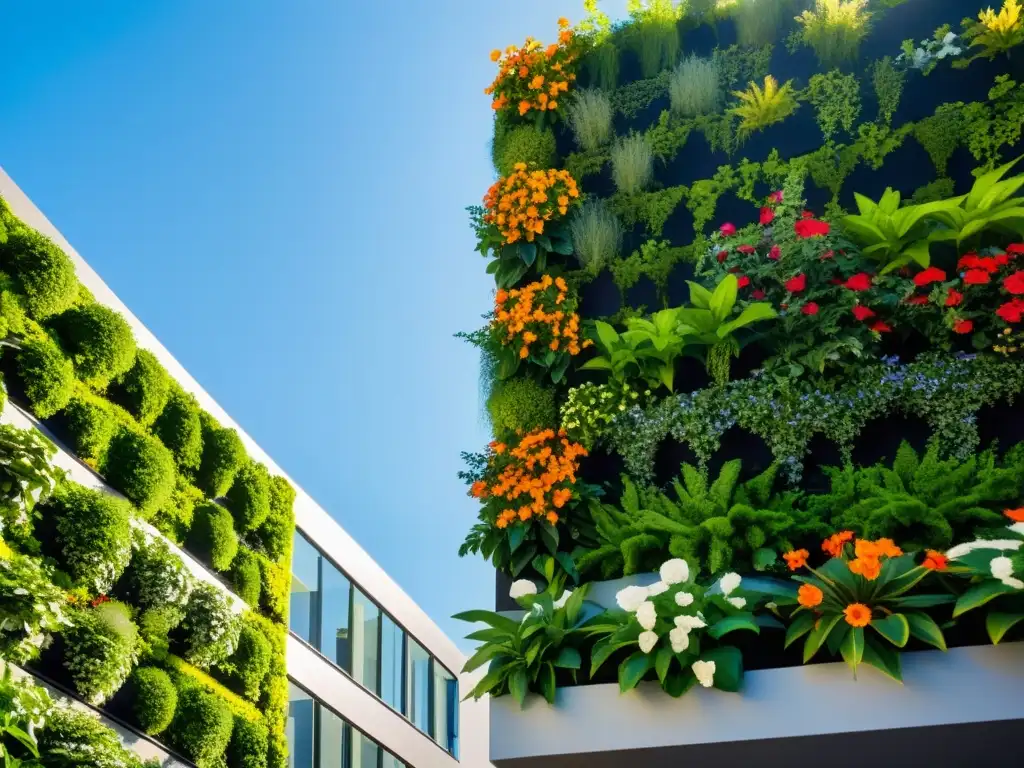 Un jardín vertical vibrante y moderno en un entorno urbano, con vegetación exuberante y flores coloridas en un diseño visualmente impactante