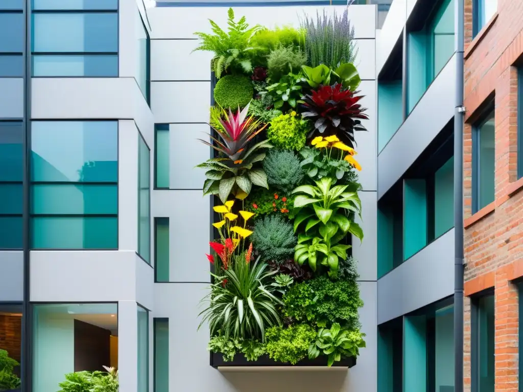 Un jardín vertical vibrante y moderno en un entorno urbano elegante, mostrando una variedad de exuberantes plantas verdes