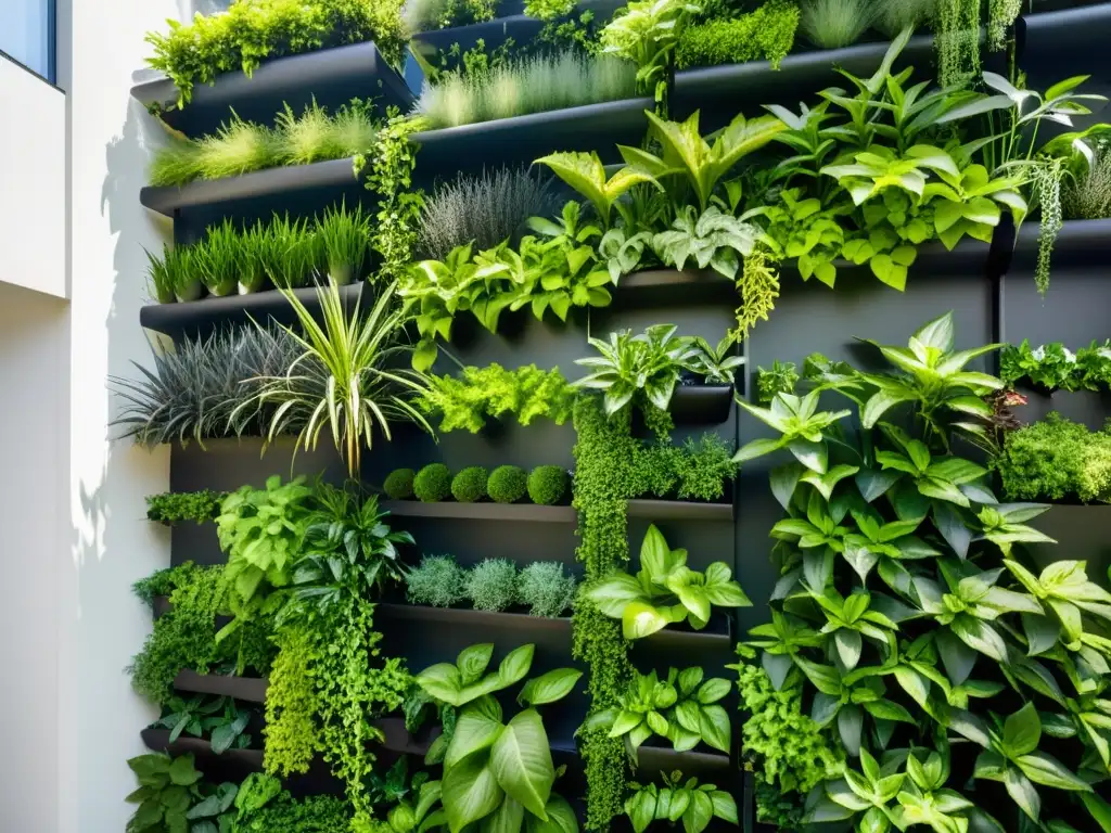 Un jardín vertical vibrante y moderno en un entorno urbano compacto, muestra los beneficios de la comunidad en huertos verticales