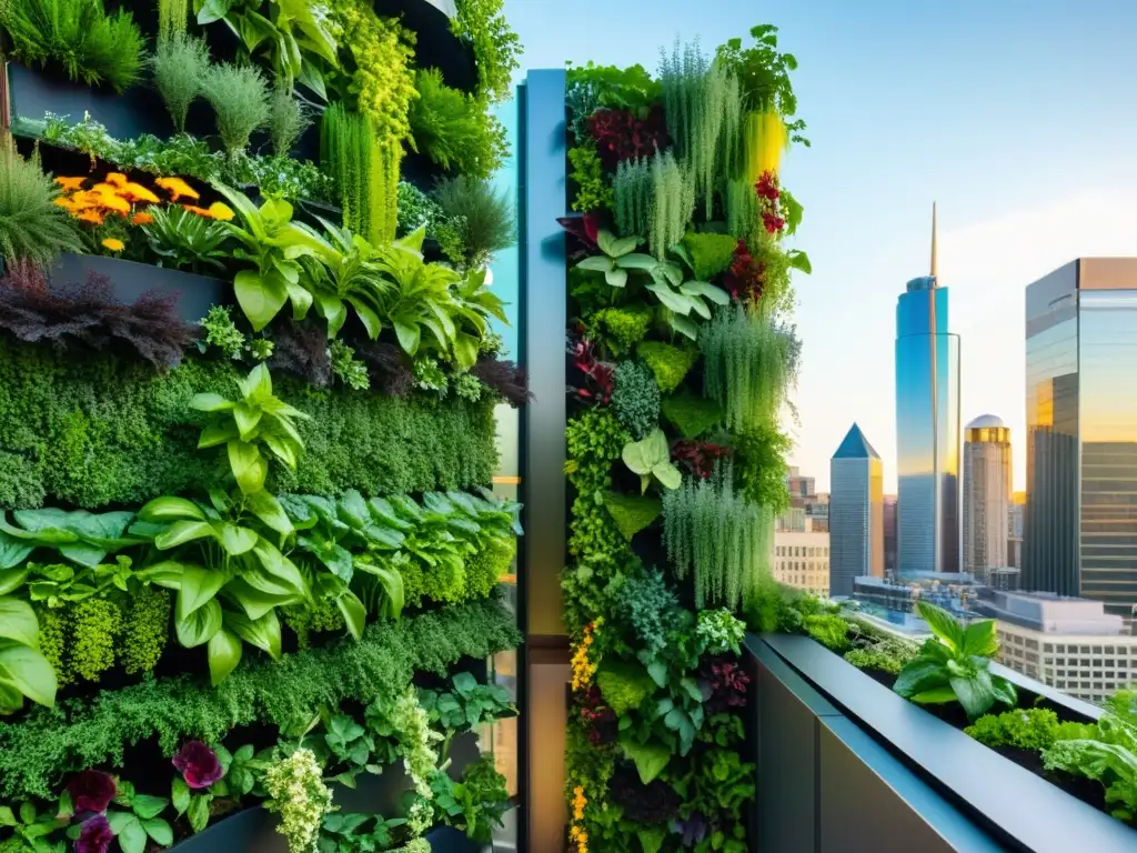 Un jardín vertical vibrante y moderno con exuberante vegetación cascada en un edificio urbano