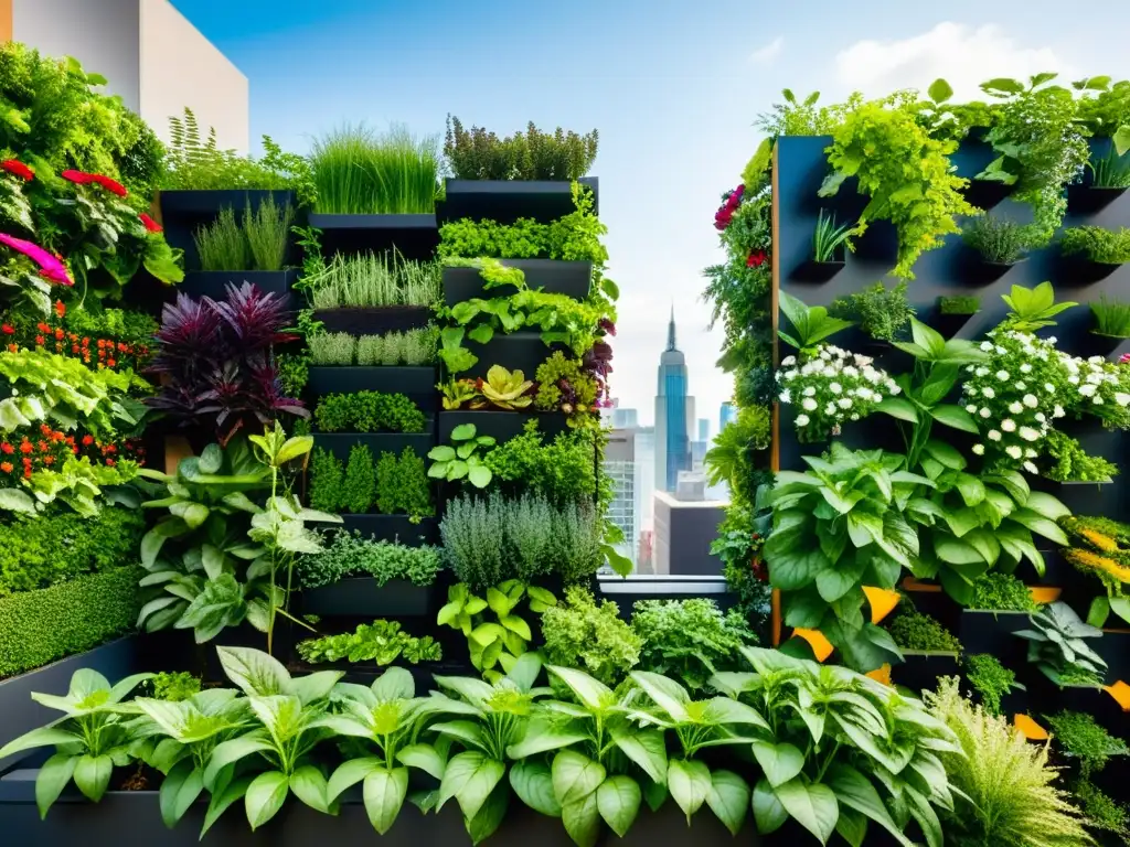 Jardín vertical vibrante y moderno con vegetación exuberante y patrón geométrico, integrando huertos verticales en comunidad educativa