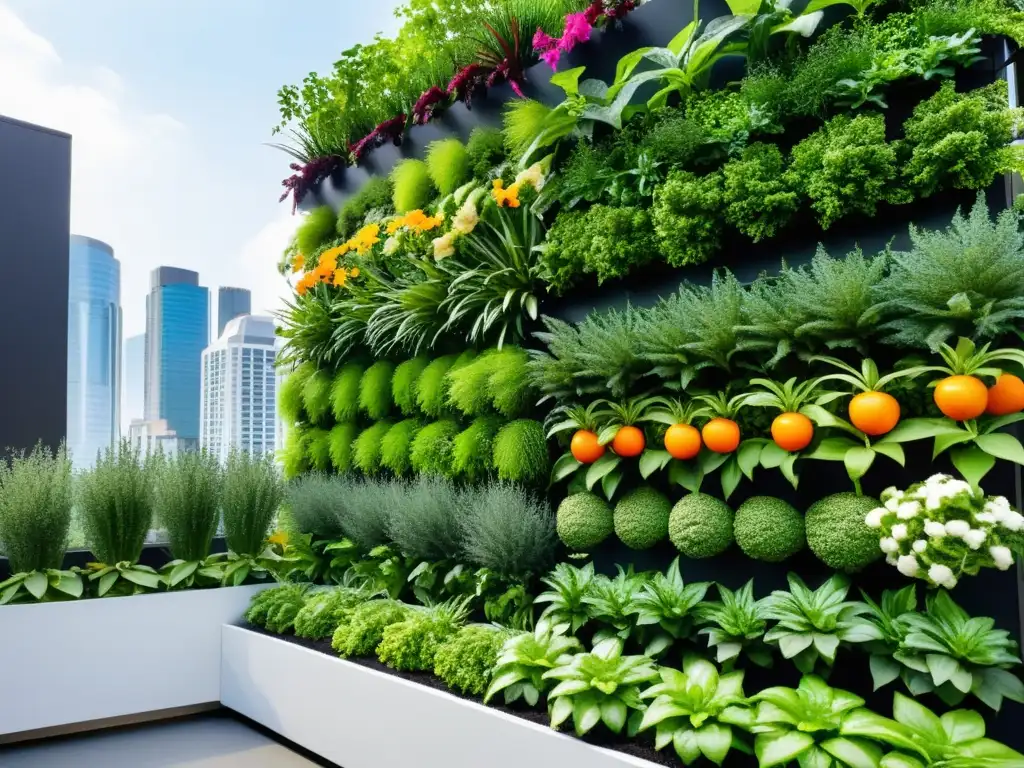 Un jardín vertical vibrante y moderno, con frutas, verduras y flores, organizado en niveles contra arquitectura contemporánea